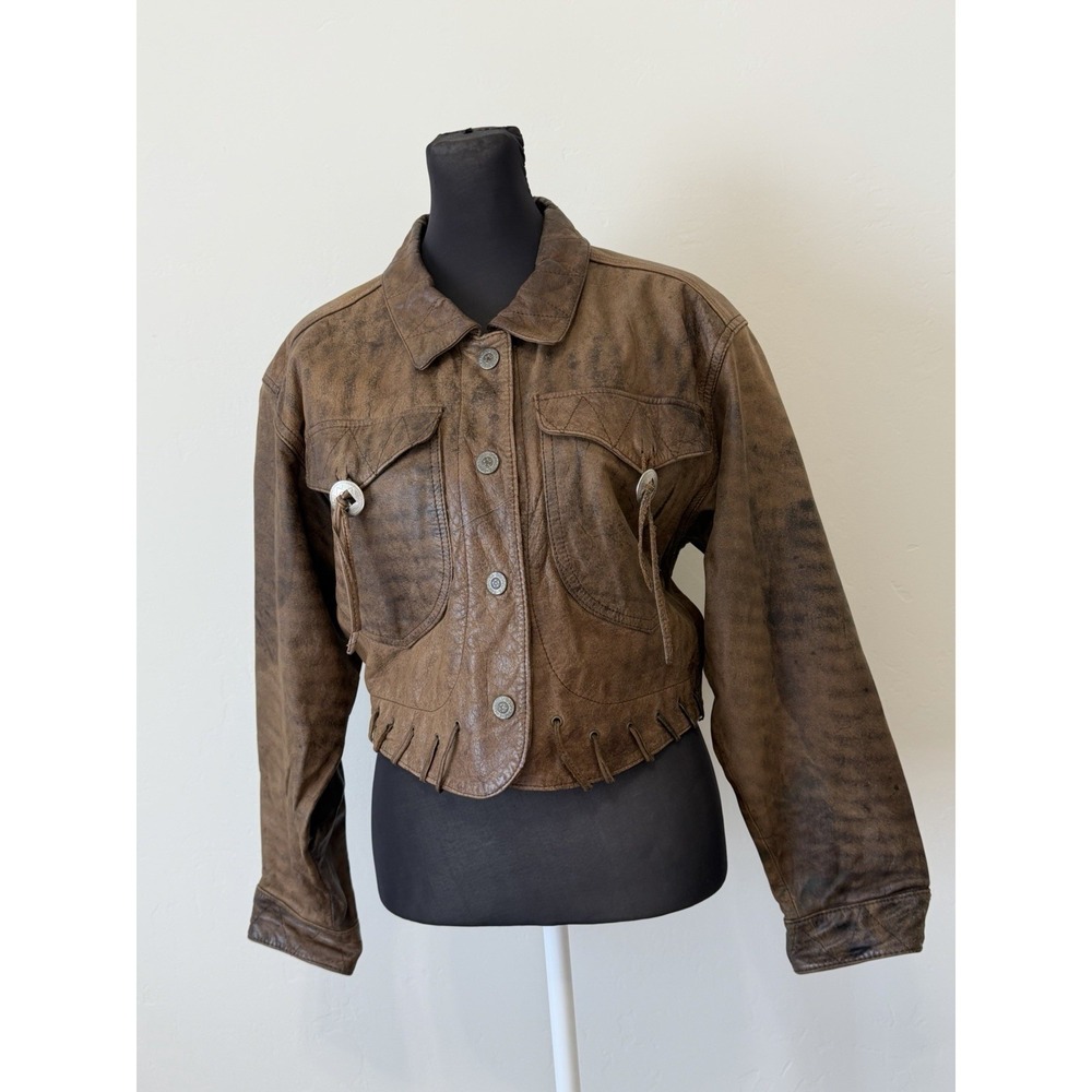 Vtg BB Dakota Brown Distressed Leather Cropped Western Jacket Womens M